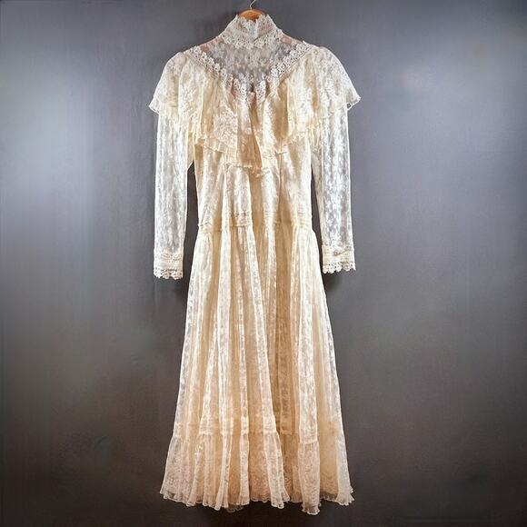 Jessica McClintock Dresses & Skirts - VINTAGE 70s Edwardian Prairie High Neck Pearl Buttons Boho Lace Wedding Gown 7